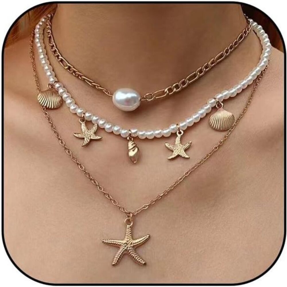 Shell Necklace for Women Trendy Layered Starfish Necklace White Seashell